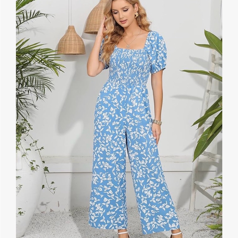Smocked Square Neck Blue Floral Jumpsuit